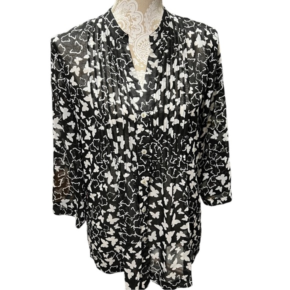 Charter Club Top Butterfly Black White Sheer Button-Front Blouse Women's M - Picture 2 of 12